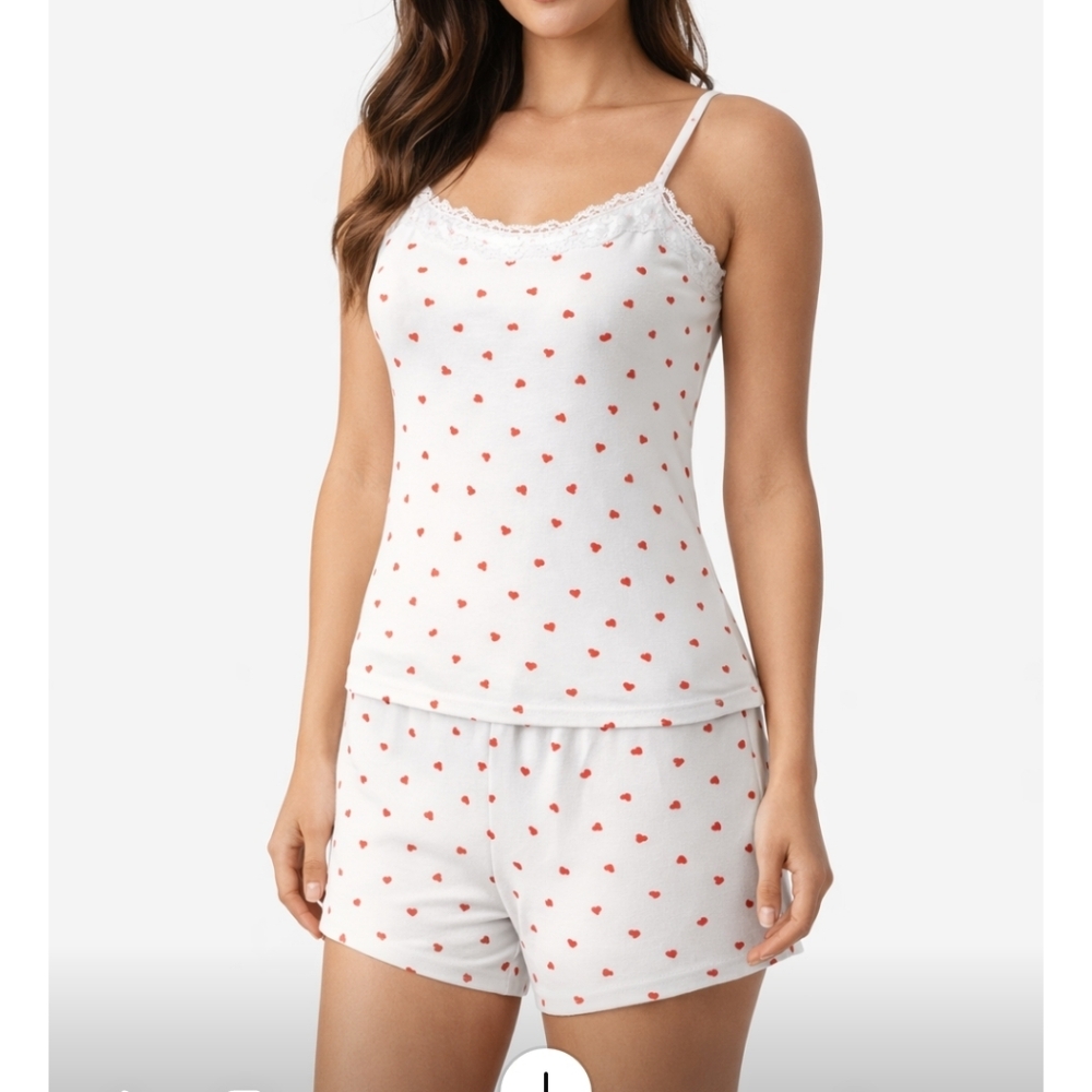 SUUKSESS Heart Print Lace Pajama Set – Camisole & Shorts